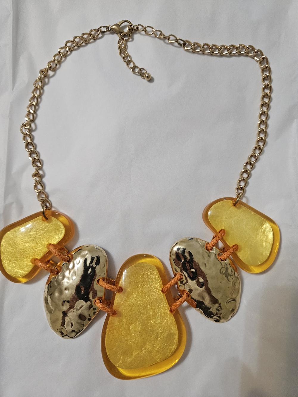 Gold-Tone  Necklace with Yellow Resin Drops and Hammered Accents